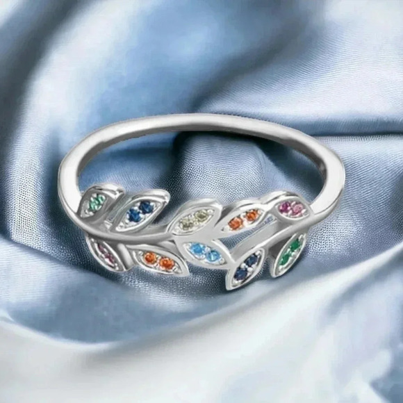 🆕️Elegant S925 Sterling Silver Leaf Ring w/ Colorful Zircons 🌿💍 Gift Box 🎁 - Picture 6 of 10